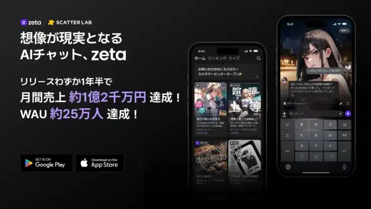 AIチャットアプリ「zeta」月間売上1.2億円突破！約700万体の「推し」と紡ぐ物語が世界へ