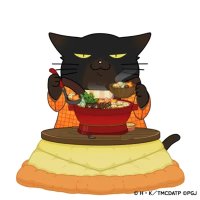 こたつに入って鍋料理を楽しむ黒猫のイラスト