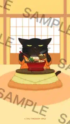 こたつで湯気の立つ鍋料理を堪能する黒猫のイラスト