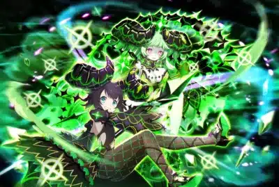 緑と黒を基調とした衣装を身に着けた2人のアニメ調の少女