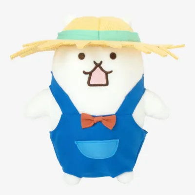 麦わら帽子とオーバーオール、蝶ネクタイを着用した白い猫のぬいぐるみ