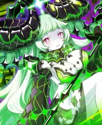 緑色の髪と角を持つアニメスタイルのキャラクター