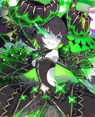 緑色の炎を纏ったような特徴的な衣装と角を持つアニメ風の少女