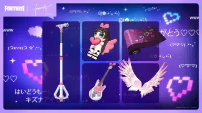 フォートナイトとキズナアイのコラボレーションを告知する画像で、キズナアイをイメージしたゲーム内アイテムが紹介されています