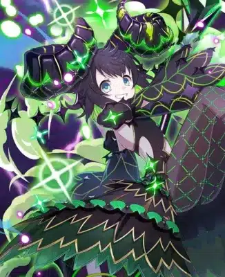 緑色の光を放つ黒い衣装をまとったアニメ風の少女