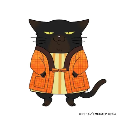 オレンジ色の羽織を着た黒猫のキャラクターイラスト