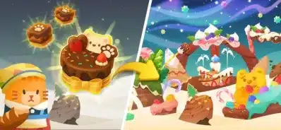 可愛い猫のキャラクターがチョコレートケーキを合成する様子