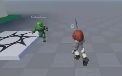 Robloxのようなゲーム内でゾンビと対峙する戦闘シーン