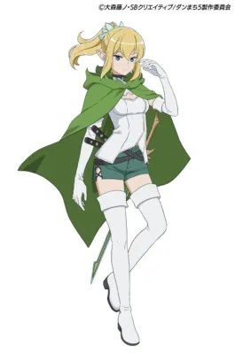 緑色のマントと金髪のポニーテールが特徴的なアニメ風のエルフの女性キャラクター