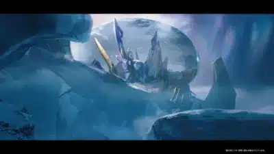 氷に覆われた未来的な惑星を背景に、巨大なメカニック構造物が佇むSFアート