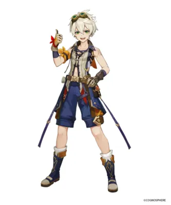 白い髪と緑の目を持つ少年キャラクターが、冒険者のような衣装を身につけ、白い背景の前でサムズアップポーズをして笑顔を見せています。