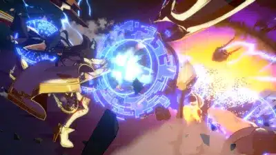 アニメ調の格闘ゲームの一場面で、2人のキャラクターが激しいエネルギー攻撃をぶつけ合っている