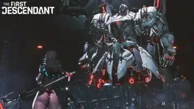 巨大なロボットが浮かぶ未来的な空間で女性キャラクターが対峙