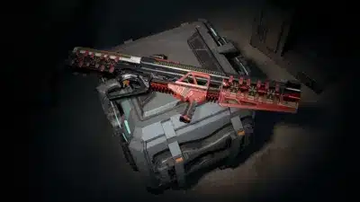 未来的なデザインの武器が金属製コンテナの上に置かれている