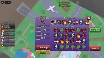 ゲームのインベントリ画面が表示されており、伝説級の「Tongue」アイテムの詳細な能力値と、様々なレベルの装備アイテムがリストアップされています。背景には飛行場のようなマップが見えます。