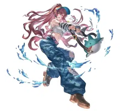 ピンクの長い髪と青いキャップが特徴の少女が、ストリートファッションに身を包み、サメの浮き輪のようなものを持って跳ねているイラスト