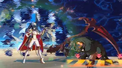 白い鎧と赤いマントをまとった女性の戦士が、巨大な鎌を持つ魔物を打ち倒したかのようなゲームのバトルシーン