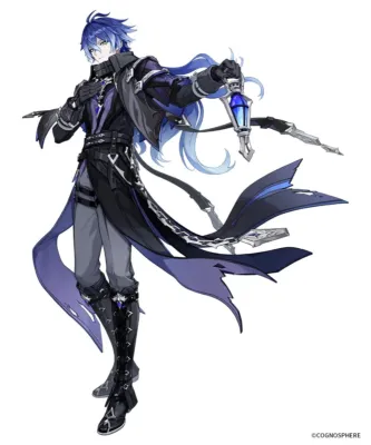 青い髪の男性キャラクターが、暗い衣装を身につけ、青く光るランタンを手に持っているイラスト。神秘的な雰囲気を持つファンタジー調のデザインです。