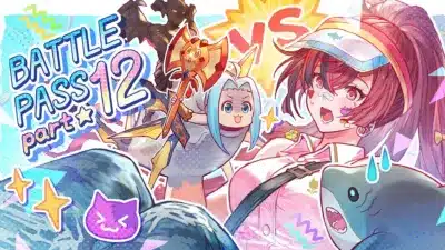 「BATTLE PASS 12 part」と書かれた、アニメ風のキャラクターが複数描かれたポップでカラフルなイラスト