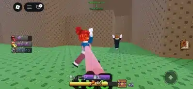 Robloxのゲーム画面。ブロック状のフィールドに立つプレイヤーアバターと、遠くにもう一体のアバターが見える。画面にはスキル名「舌」「金の舌」「ダッシュ」や、所持金、ステータスなどのUI要素が表示されている。