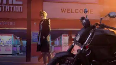 金髪の男性キャラクターが駅のような場所を歩いているCG画像