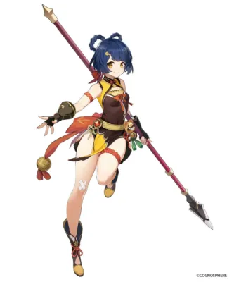 青い髪と黄色の瞳を持つアニメスタイルの女性キャラクターが、槍を構え、躍動感のあるポーズで描かれています。黄色と茶色を基調とした衣装を身につけ、明るい表情を見せています。