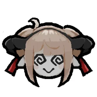 白背景に描かれた、淡い茶色の髪と黒いホーンを持つピクセルアートのキャラクターの顔。渦巻き状の目とシンプルな笑顔が特徴的で、可愛らしいデフォルメされた表情をしています。アイコンや絵文字のようなデザインです。