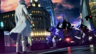 夜の銀座のような都市で、白いコートの人物が複数の巨大な角を持つ異形のモンスターと対峙しています