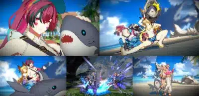 アニメ風の女性キャラクターたちが、サメをモチーフにしたアイテムと共にビーチや格闘ゲームのステージでポーズをとったり戦闘したりする様子を捉えた複数のシーンのコラージュ画像