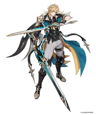 金髪の男性キャラクターが、青と黒を基調とした装飾的な鎧を身につけ、二本の剣を構えているイラストです。ファンタジー世界の戦士やゲームキャラクターのような印象を与えます。