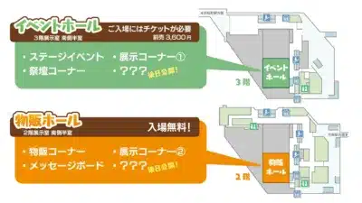 イベントホールと物販ホールのフロアマップ