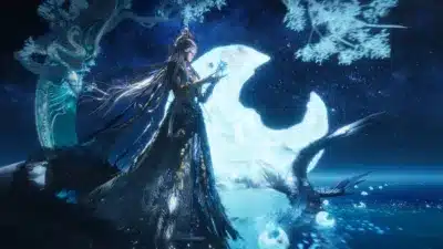 月明かりの下、幻想的な夜の風景の中に立つ女性のファンタジーアート