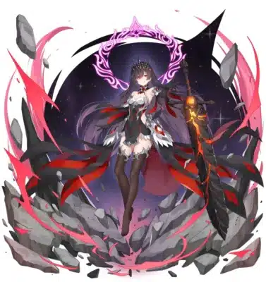 暗い衣装をまとった長い髪の女性が、輝く剣を持ち、浮遊する岩と赤いオーラの中で宙に浮いているイラスト