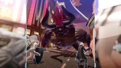 巨大なモンスターとキャラクターの戦闘シーン