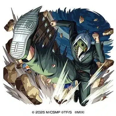 ペストマスクとスーツを着用したキャラクターが、瓦礫が飛び散る中で強力なキックを放つダイナミックなイラスト