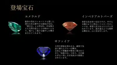 登場宝石 エメラルド、インペリアルトパーズ、サファイア