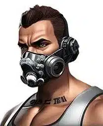 サイバーパンク,マスク,男性,筋肉質,ヘッドホン,未来,SF,ディストピア,戦士,ポートレート,イラスト,強靭