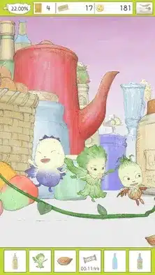 可愛い植物の妖精たちが台所のテーブルに集まっているイラスト