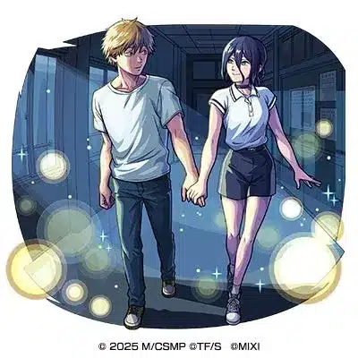 夜の学校の廊下のような場所で、若い男女が手をつないで歩いているイラスト