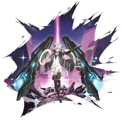 未来都市を背景に、白髪の少女が巨大なメカニックな武器を携えて立つイラスト