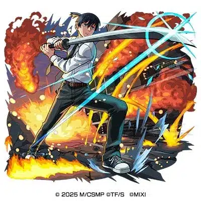 人気アニメ「チェンソーマン」の早川アキが刀を構え、炎と爆発が渦巻く激しい戦闘シーンを描いたイラスト