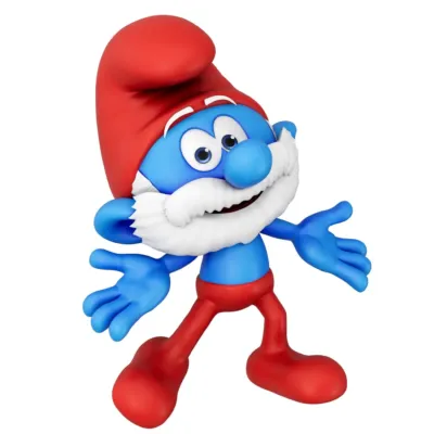 白い背景に立つパパスマーフの3Dレンダリング画像です。青い肌に白いひげ、赤い帽子とズボンを身につけ、両手を広げて笑顔を見せています。