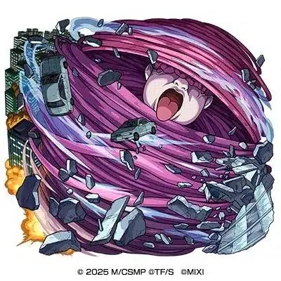 巨大な紫の髪を持つ顔が口を開け、都市を巻き込む渦を発生させているイラスト