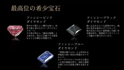 最高位の希少宝石 ファンシーピンクダイヤモンド、ファンシーブラックダイヤモンド、ファンシーブルーダイヤモンド