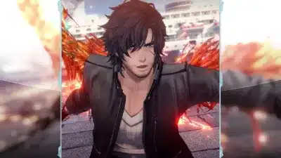 燃え盛る炎を背にした黒髪の男性キャラクター