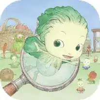 虫眼鏡越しに笑顔を見せるキャベツの妖精のようなキャラクターが描かれたイラスト