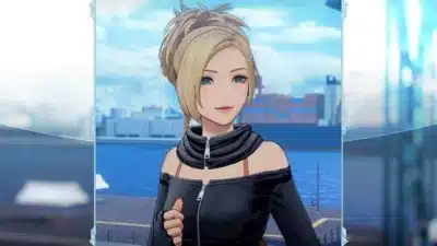 港を背景に微笑む金髪の女性キャラクター