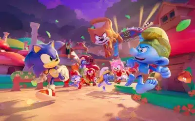 ソニック、スマーフ、ヒースクリフなど人気キャラクターたちが、カラフルなファンタジー世界でレースをしている様子を描いた画像です。