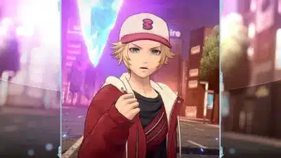 夜の未来都市に立つアニメ調の少年キャラクター