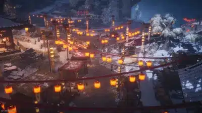 雪に覆われた夜の村で、無数の提灯が暖かく輝き、人々が行き交う賑やかな冬の祭りまたは市場の様子